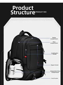 Detailed view of the multi-functional black travel backpack with a separate shoe compartment