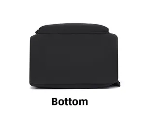 Detailed bottom view of a minimalist black oxford cloth backpack showing durable stitching