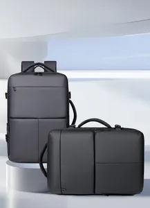 Detail of multi-functional laptop backpack with waterproof fabric and dual carry handles