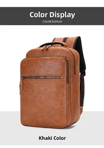 Detail of khaki PU leather business backpack showing padded mesh straps and top handle