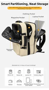 Détail du rangement intérieur multi-compartiments de ce sac à dos de voyage ivoire