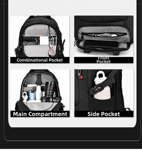 Detailed views of multi-functional large capacity travel backpack compartments and pockets