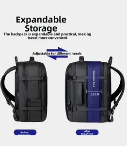 Comparison of waterproof black business backpack showing slim and 10cm expanded side view