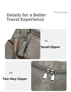 Close-up of pebble grain PU leather backpack with tassel zippers and woven straps