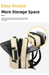 Détail du sac à dos de voyage beige avec compartiment ordinateur et zones de rangement