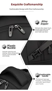 Detail of large travel backpack showing alloy zippers and thick foam padded handle