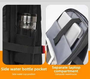 Detail view of the side elastic water bottle pocket and the internal padded laptop compartment
