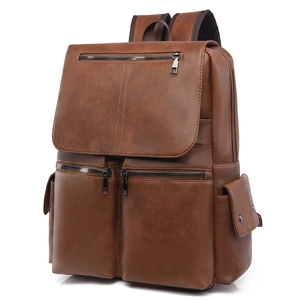 Vintage brown PU leather backpack with multi-pocket design and large main flap compartment