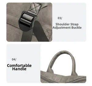 Detail view of adjustable shoulder strap buckle and comfortable leather handle of the backpack