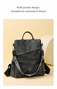 Detailansicht des dunkelgrauen Vintage-Rucksacks mit vielen Taschen und Web-Trageriemen