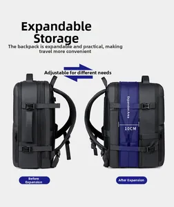 Detail of expandable black travel backpack showing the 10cm expansion feature and durable fabric