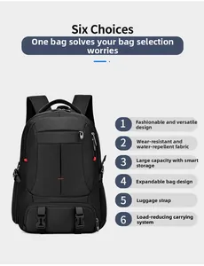 Detail of durable waterproof fabric and multiple storage pockets on large travel backpack