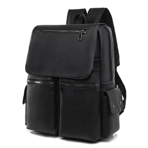 Business laptop backpack in black pebbled leather with multiple zipper pockets