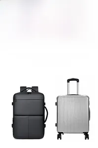 Detail view of expandable travel backpack with side handle and multi-layer storage