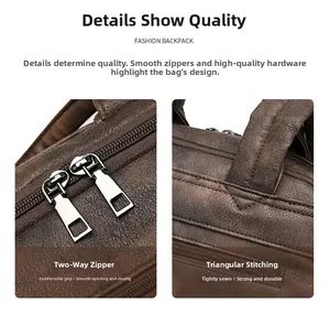 Detail of premium dual metal zippers and reinforced triangular stitching on brown PU backpack