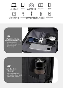 Detailed interior storage showing organized compartments for laptop, shoes and clothes