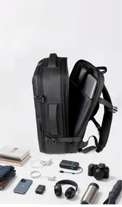 Detail view of large travel backpack interior fitting 15.6 inch laptop and gear