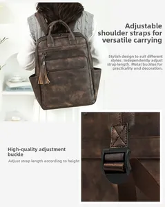 Detail of adjustable metal buckle and vintage brown PU leather straps on a backpack