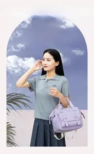 Fashionable purple multipurpose backpack with flap closure and adjustable straps shown on model