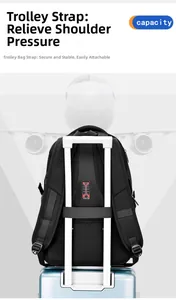 Detail of travel backpack with integrated trolley sleeve for luggage attachment