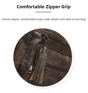 Detail of dark brown vintage PU leather backpack featuring decorative long tassel zippers