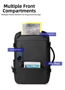 Detail of expandable black travel backpack showing multi-layer storage compartments