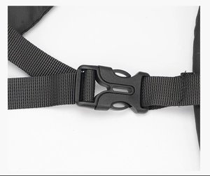 Detail shot of durable black side-release plastic buckle with high-density nylon webbing