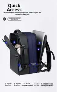 Detail view of large capacity travel backpack with 10cm expandable design and 5 compartments