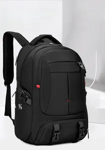 Detail of waterproof nylon backpack with external USB charging port and red accents