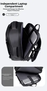 Detail of a black business laptop backpack with 17-inch padded compartment and dual zippers