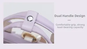 Detail of purple backpack handles with leather snap fastener and reinforced stitching