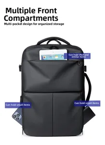 Detail view of laptop backpack showing multi-pocket organization for iPad and tech items