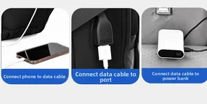 Detail of the external USB charging port and internal connection for large travel backpack