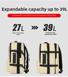 Vue latérale du sac à dos de voyage extensible passant d'une capacité de 27L à 39L