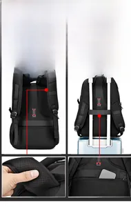 Macro view of breathable mesh back padding and hidden anti-theft pocket on travel backpack