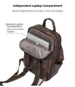 Detail view of brown PU leather backpack with a 15.6 inch laptop compartment