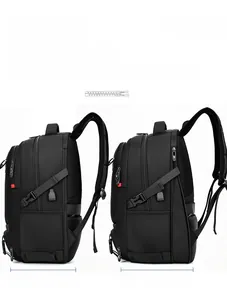 Detail view showing expandable capacity of the travel backpack from 17cm to 26cm depth