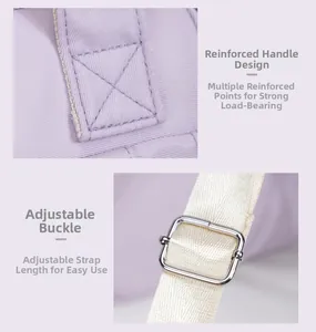 Detail of reinforced stitching on the top handle and adjustable shoulder strap buckle