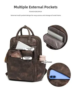 Detail view of brown PU leather backpack featuring multi-pocket design and front zippers