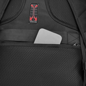 Detail of breathable honeycomb mesh back panel with luggage strap and hidden pocket