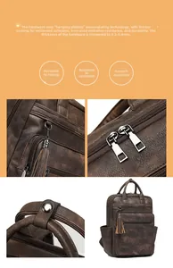 Detail view of anti-fade metal zippers and tassel hardware on a brown PU backpack