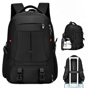 Detail of travel backpack showing a separate shoe compartment and luggage strap