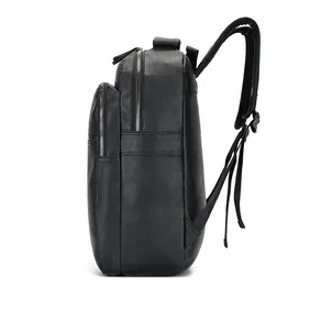 Side view of black faux leather backpack showing dual zipper compartments and padded straps