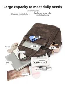Top view of large capacity dark brown vintage PU leather backpack with a laptop and essentials