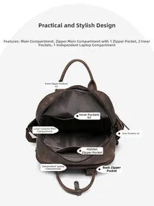 Detail view of large capacity PU leather backpack interior with multiple storage compartments