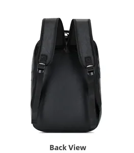 Detailed back view of black lycra-textured leather backpack with wide nylon straps