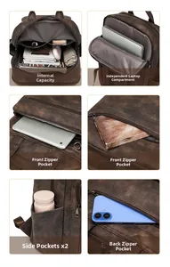Brown PU leather backpack detail showing multi-pocket storage and functional compartments