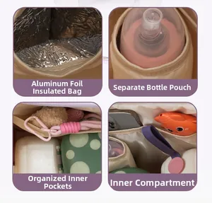 Detailed view of diaper bag interior with insulated foil bottle pockets and dividers