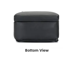 Detailed bottom view of black PU leather backpack showing reinforced stitching and texture