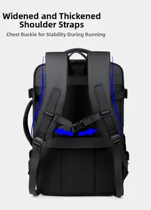 Detail of ergonomic padded S-shaped shoulder straps and chest buckle on black travel backpack